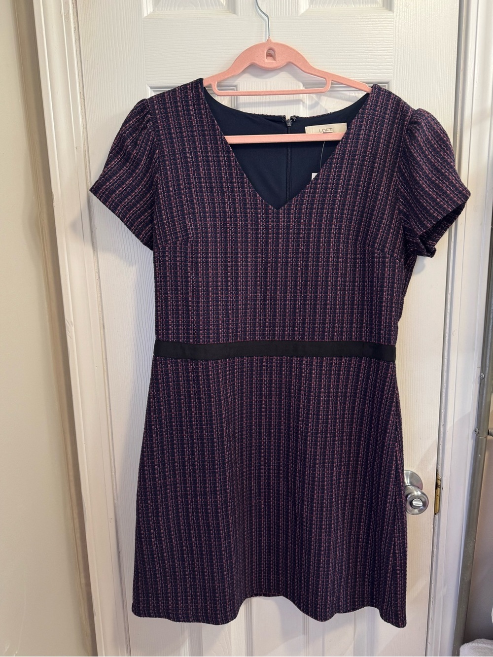 NWT LOFT Purple & Black Textured V-Neck Fit-and-Flare Dress Size 12
